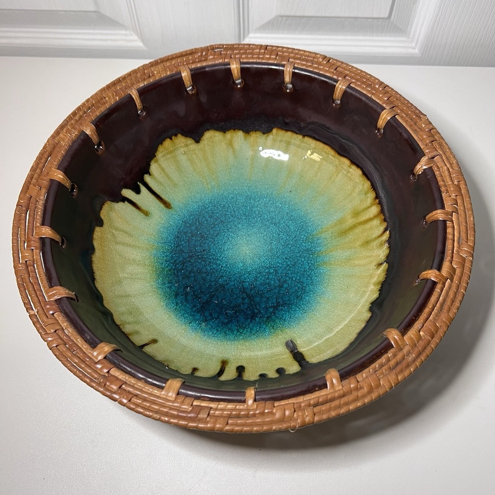 Vtg Ceramic 12" Bowl Natural Woven Basket Exterior Turquoise Green Yellow Brown